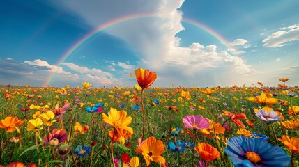Flower Field With Rainbow Background