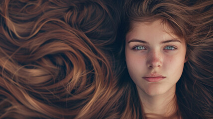 Close-up of a young woman lost in a swirl of dreamy hair, eyes telling a silent story.
