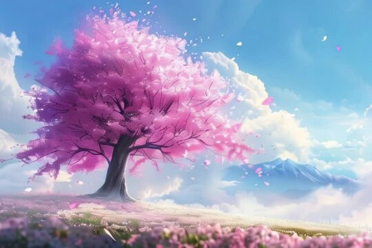 A solitary cherry blossom tree in full bloom, its delicate pink petals gently fluttering in the breeze.