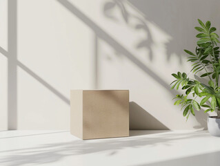 Minimalistic brown cardboard box on a white surface with dynamic shadows, clean packaging design.
