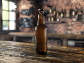 Cold craft beer bottle with condensation on rustic wooden table, concept of refreshment and craft brewing.