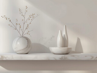 Fototapeta na wymiar 3d render of a plain home decor item on marble shelf.