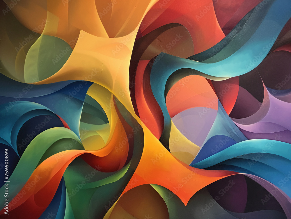Poster vibrant abstract art with curving lines and rich color gradients, dynamic flow of hues and shapes.