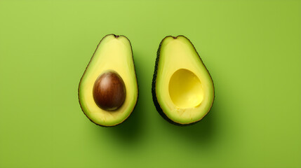 Top view, avocado cut in half lies on light green isolated background. Cut contour. - obrazy, fototapety, plakaty