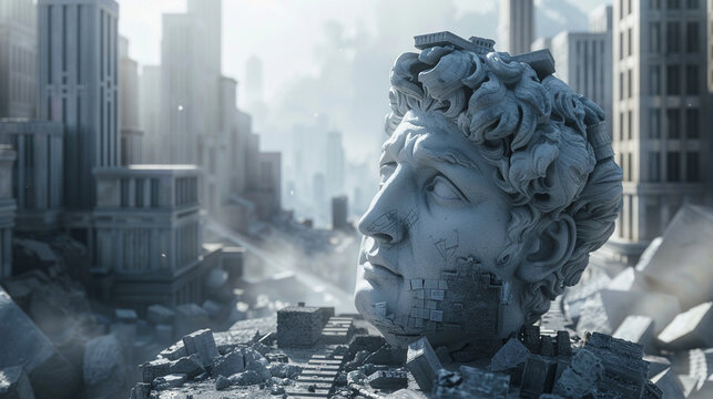 3D render of a statue head in a futuristic cityscape.