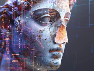 Naklejka na ściany i meble Ancient statue head morphing into a digital matrix.