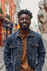 Obraz premium Handsome smiling, happy and pleased stoic man with positive vibes. Portrait of a joyful young man with beautiful hair and fashionable clothes.