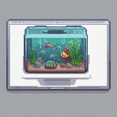 pixel art of a macbook with a aquarium inside the screen