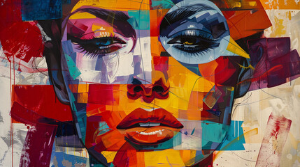 Vibrant cubist portrait of a woman, colorful geometric painting, artistic representation of femininity.