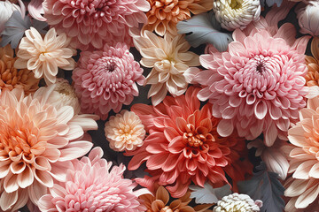 Lush dahlia flowers, showcasing a spectrum from pale blush to deep coral, forms a seamless pattern ideal for design and decor.
