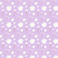Cute seamless pattern with chamomiles on pink background. Vector floral hand drawn illustration of flowers and leaves. For textile, print, cards, wallpaper.