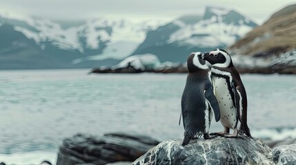 Obraz premium Celebrate World Penguin Day on April 25 with a captivating poster featuring adorable penguins in their natural habitat, promoting awareness and conservation efforts