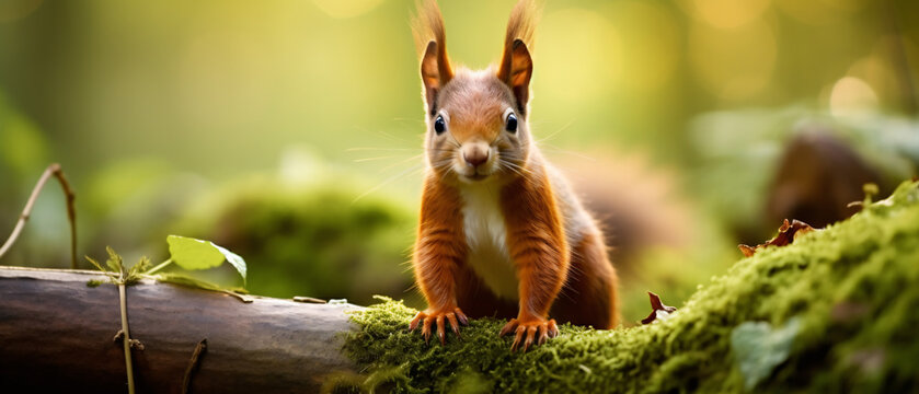 Funny red squirrel standing in the forest ..