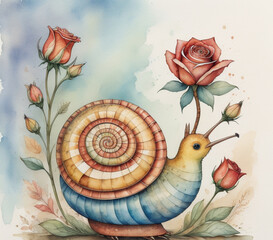 A watercolor painting of a snail with a blue shell. flowers amazed by the beauty of environment 
