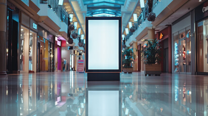 An advertisement mock-up depicts a blank electronic display set amidst a vibrant shopping mall combined with elements of nature. - obrazy, fototapety, plakaty