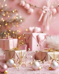 Christmas or New Year background with pink gift boxes, Christmas tree and bokeh lights
