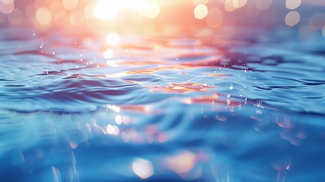 Soft focus bokeh light effects over a rippled, blue water background 