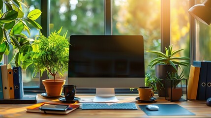 workspace with desktop computer, office supplies, houseplant and books at office