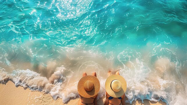 Summer beach vacation, couple sunbathing background, sunglasses, copy space. - Powered by Adobe