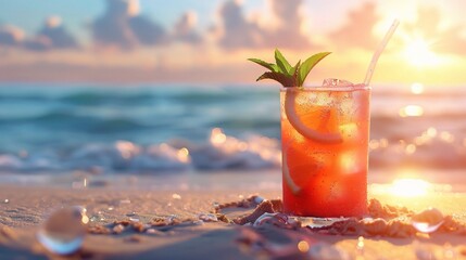summer drink in sand, blur beach on background