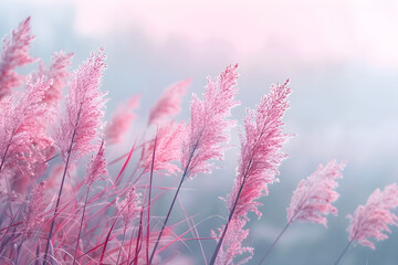 Blossoming grass against a misty morning sky, exuding tranquility and peace. Ideal for mindfulness and meditation concepts.