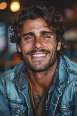 Obraz premium Handsome smiling, happy and pleased stoic man with positive vibes. Portrait of a joyful young man with beautiful hair and fashionable clothes.