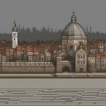 pixel art of A major painting from the renaissance era the scene of the Rennaissance painting during the year 1600 A D with an perspective City with a river reborn daylight with shadow details high