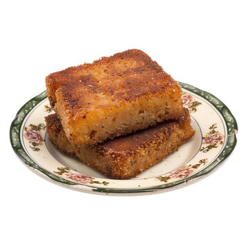 front view of scrumptious Pennsylvania Scrapple with a golden brown crust on a vintage plate, food photography style isolated on a white transparent background