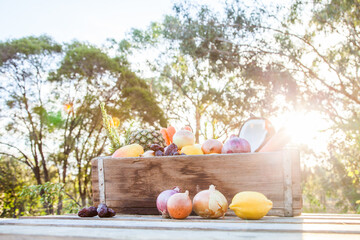 Lens flare over box of fruit and veg on wooden table