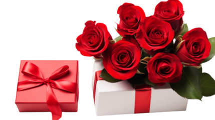 A bouquet of red roses with greenery, next to a red ribbon-wrapped gift box on a white background, conveys romance and celebration, ideal for special occasions.