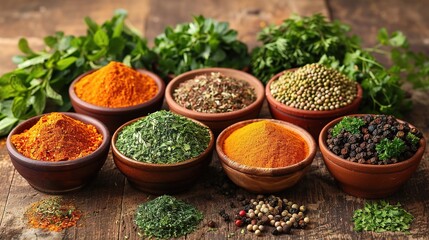 Various colorful herbs and spices on wooden table.