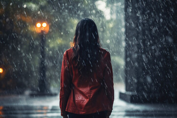 A woman walks alone in the rain on the street in a park. The sky is overcast.