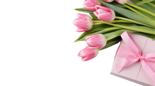 A bouquet of pink tulips lies next to a gift box with a pink ribbon, the image suggesting a thoughtful present or celebration, set against a white background.