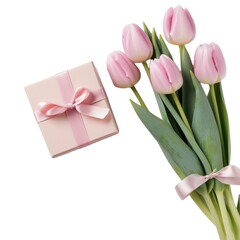 A bouquet of pink tulips lies next to a gift box with a pink ribbon, the image suggesting a thoughtful present or celebration, set against a white background.