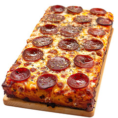  front view of mouth-watering Detroit-Style Pizza with a thick crust, pepperoni, and brick cheese, food photography style isolated on a white transparent background