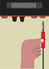 A hand plugs a jack on an amplifier sound system. Editable Clip Art.