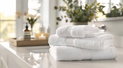 white cotton towels on white counter table inside a bright bathroom background. - obrazy, fototapety, plakaty