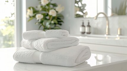 Fototapeta na wymiar white cotton towels on white counter table inside a bright bathroom background.