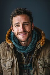 Obraz premium Handsome smiling, happy and pleased stoic man with positive vibes. Portrait of a joyful young man with beautiful hair and fashionable clothes.