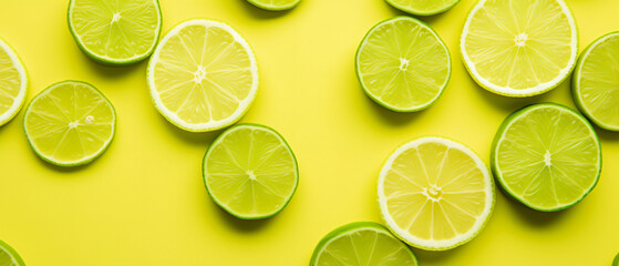 Green lime slices pattern on vibrant yellow color background
