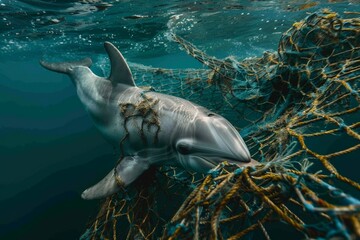A dolphin caught in a fishing net highlights the problem of marine life affected by human waste