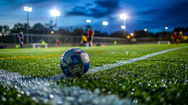 Soccer ball in focus on a synthetic field with players in the background under bright artificial lights