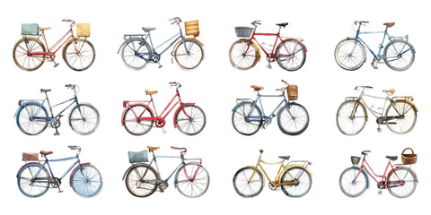 Set of watercolor bicycles on white background.