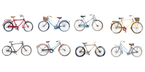 Set of watercolor bicycles on white background.