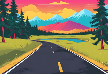 Asphalt road near lake in nature background illustration