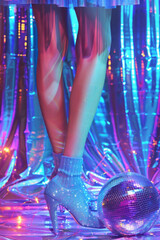 Disco ball and ledy legs on a disco background. Party, music, dance concept