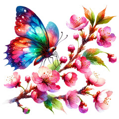 butterfly and cherry flowers watercolor clipart on transparent background