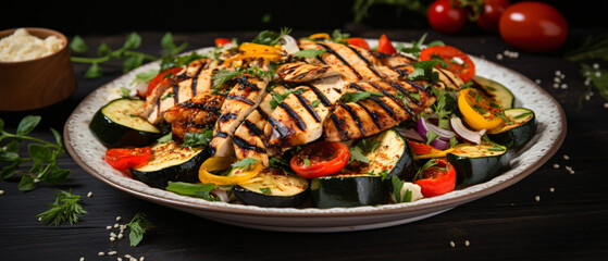 Grilled vegetables and chicken fillet salad with spice