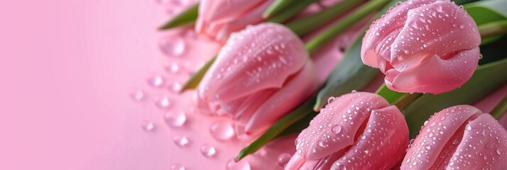 Pink tulips with water drops on petals on pink background, close-up.