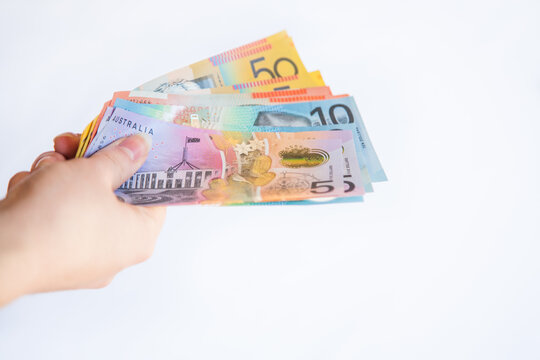 Australian money in bank notes, cash on white